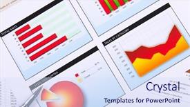  Presentation with spreadsheet data and business charts - Beautiful PPT theme featuring research statistics - graphs charts business table backdrop and a sky blue colored foreground