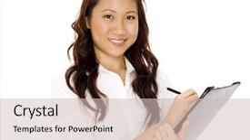 Presentation with asian - PPT theme featuring research survey - pretty young asian businesswoman background and a  colored foreground