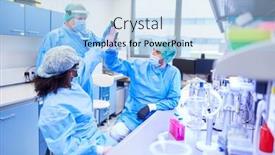  Presentation with covid vaccine - PPT theme with research-team-gives-itself-high background and a light blue colored foreground