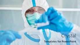  Presentation with coronavirus researcher - Cool new presentation theme with researcher-in-protective-clothing backdrop and a light blue colored foreground