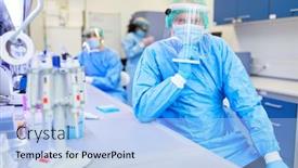  Presentation with biotechnology laboratory - Slide deck enhanced with researcher-in-protective-clothing background and a light blue colored foreground