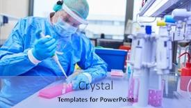  Presentation with coronavirus researcher - Cool new slide deck with researcher-in-the-laboratory-works backdrop and a light blue colored foreground