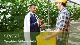  Presentation with questions - Presentation theme featuring researcher in whitecoat answering questions background and a tawny brown colored foreground