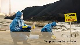  Presentation with polluted - Cool new PPT layouts with researcher-in-workwear-describing-characteristics backdrop and a coral colored foreground