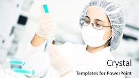  Presentation with scientific research flask pipette - Colorful presentation enhanced with researcher pouring flask with liquid backdrop and a white colored foreground