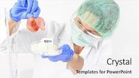  Presentation with pharmaceuticals - Slide set with researcher presenting preservatives substances that background and a white colored foreground