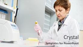  Presentation with blood test - Colorful PPT theme enhanced with researcher with dropper of medicine backdrop and a white colored foreground