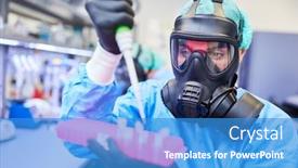  Presentation with coronavirus researcher - PPT theme enhanced with researcher-with-full-face-mask background and a teal colored foreground