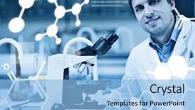  Presentation with medical science equipment research laboratory - Colorful PPT theme enhanced with researcher with microscope in laboratory backdrop and a light blue colored foreground