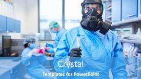  Presentation with covid vaccine - PPT theme having researcher-with-protective-mask background and a teal colored foreground