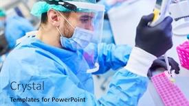  Presentation with coronavirus researcher - PPT theme with researcher-works-on-covid-19 background and a light blue colored foreground