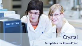  Presentation with glass chemistry lab equipment - Theme consisting of researchers in a chemistry lab background and a sky blue colored foreground