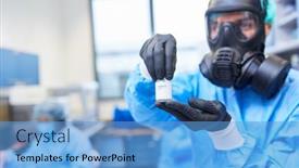  Presentation with ampoule - Presentation design enhanced with researchers-with-protective-clothing background and a teal colored foreground