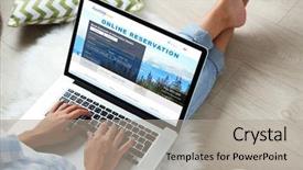  Presentation with hotel - Presentation design having reservation - woman using laptop to book background and a light gray colored foreground