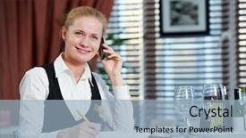  Presentation with restaurant - Colorful presentation theme enhanced with reserve management - happy beautiful restaurant manager woman backdrop and a light blue colored foreground