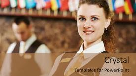  Presentation with worker - Beautiful PPT theme featuring reserve management - happy female manager worker standing backdrop and a coral colored foreground