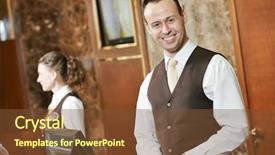  Presentation with receptionist - Amazing slide deck having reserve management - happy receptionist worker standing backdrop and a tawny brown colored foreground