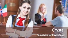  Presentation with hospitality hotel reception female receptionist - Presentation design consisting of reserve management - hotel reception worker background and a  colored foreground