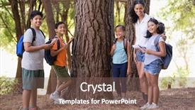  Presentation with students - Slide set enhanced with reserve studies - happy students and teacher standing background and a violet colored foreground