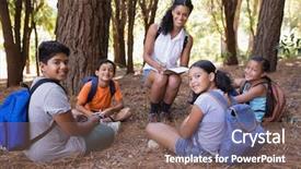  Presentation with students - PPT theme featuring reserve studies - portrait of happy teacher background and a violet colored foreground