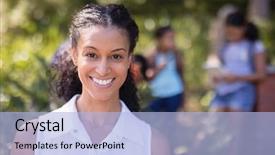  Presentation with teacher and students - Cool new PPT layouts with reserve studies - portrait of happy teacher backdrop and a light blue colored foreground