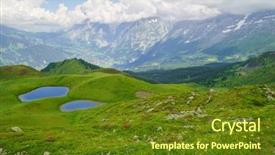  Presentation with tourism hiking - Slide set with reservoir rocks - alpine peaks of grindelwald background and a tawny brown colored foreground