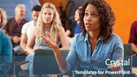  Presentation with community center - Slide set featuring resident hall - frustrated woman asking question background and a ocean colored foreground