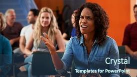  Presentation with community meeting - Presentation design consisting of resident hall - frustrated woman asking question background and a ocean colored foreground