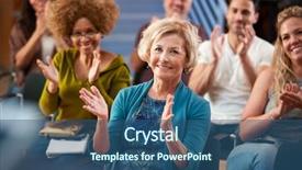  Presentation with community center - Slide set featuring resident hall - group attending neighborhood meeting applauding background and a ocean colored foreground