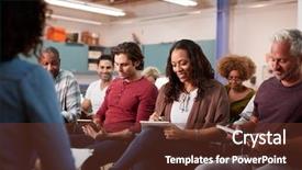  Presentation with community center - Beautiful slide deck featuring resident hall - group making notes whilst attending backdrop and a tawny brown colored foreground