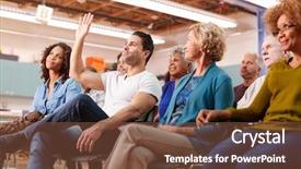  Presentation with community center - Beautiful slide set featuring resident hall - man asking question at neighborhood backdrop and a tawny brown colored foreground