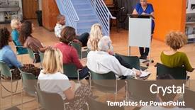  Presentation with neighborhood - Slide set having resident hall - senior woman at podium chairing background and a violet colored foreground