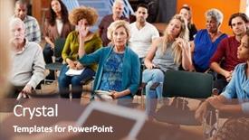  Presentation with community center - Beautiful slide deck featuring resident hall - woman asking question at group backdrop and a violet colored foreground