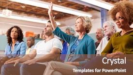  Presentation with community center - Colorful presentation theme enhanced with resident hall - woman asking question at neighborhood backdrop and a tawny brown colored foreground