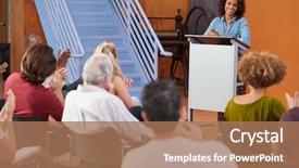  Presentation with community meeting - Colorful presentation design enhanced with resident hall - woman at podium chairing neighborhood backdrop and a coral colored foreground