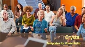  Presentation with community meeting - Amazing PPT theme having resident hall - woman speaking at group neighborhood backdrop and a tawny brown colored foreground