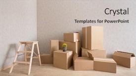  Presentation with step - Beautiful PPT theme featuring residential freight delivery - cardboard boxes pile in new backdrop and a light gray colored foreground