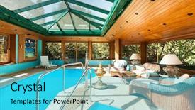  Presentation with residential - PPT theme having residential house large indoor background and a cyan colored foreground
