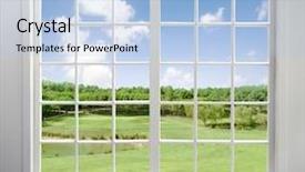  Presentation with residential - Audience pleasing PPT theme consisting of residential window with lake view backdrop and a light blue colored foreground