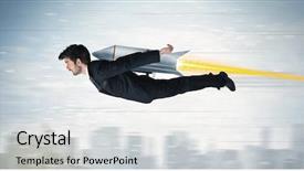  Presentation with business jet - PPT theme consisting of jetpack - superhero business man flying background and a light gray colored foreground