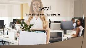  Presentation with employee - PPT layouts with resigned - fired female employee holding box background and a soft green colored foreground
