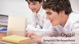  Presentation with task - PPT theme with happy schoolboys studying two smart friends searching information on the internet for resolving difficult home task back to school concept background and a coral colored foreground