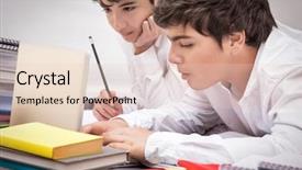  Presentation with task - Slide deck having two classmates doing homework together at home resolving difficult task searching information on internet preparation to exams with pleasure studying at school background and a lemonade colored foreground