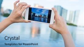  Presentation with macau - Presentation theme with resort casinos - hand taking photo on cellphone background and a light blue colored foreground