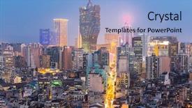  Presentation with macau - Cool new PPT layouts with resort casinos - macau cityscape skyline at dusk backdrop and a light blue colored foreground