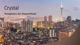  Presentation with now - Colorful slide set enhanced with resort casinos - macau cityscape skyline at dusk backdrop and a light blue colored foreground