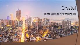  Presentation with macau - Presentation design featuring resort casinos - macau cityscape skyline at dusk background and a light blue colored foreground