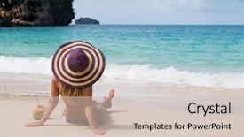  Presentation with how to be happy - Amazing PPT theme having resort food - happy young woman in straw backdrop and a soft green colored foreground