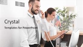  Presentation with hotel - Colorful presentation design enhanced with resort reservation - two hotel receptionists at workplace backdrop and a light gray colored foreground