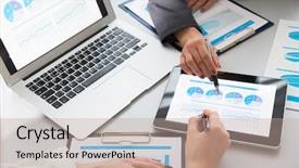  Presentation with paperwork - Presentation design with resource planning - image of human hands background and a coral colored foreground